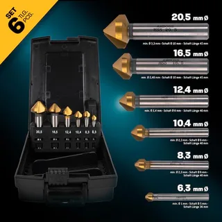Kegelsenker Set 6teilig 6,3-20,5mm HSS TiN - runder Schaft, gerade Schneiden (3 Stck.) - DIN 335C de Gemax – image du produit 4 sur 5