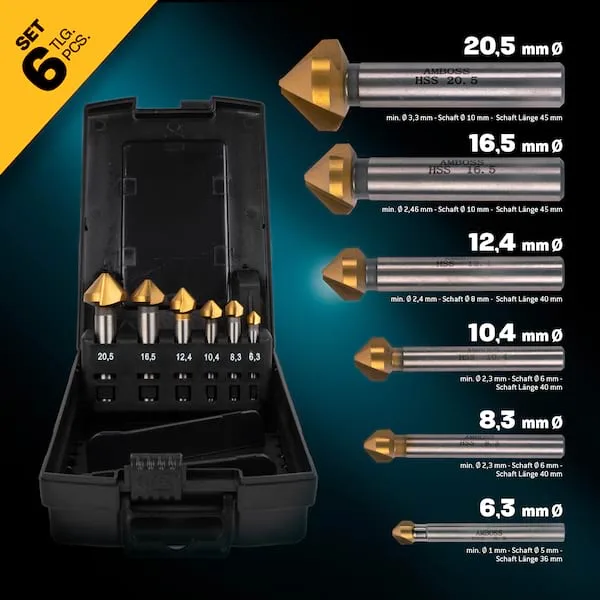 Kegelsenker Set 6teilig 6,3-20,5mm HSS TiN - runder Schaft, gerade Schneiden (3 Stck.) - DIN 335C de Gemax – image du produit 4 sur 5