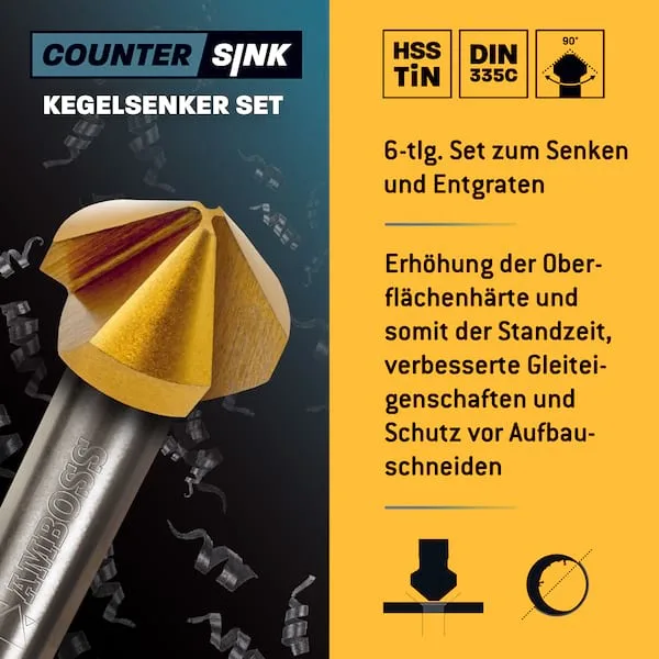 Kegelsenker Set 6teilig 6,3-20,5mm HSS TiN - runder Schaft, gerade Schneiden (3 Stck.) - DIN 335C de Gemax – image du produit 3 sur 5