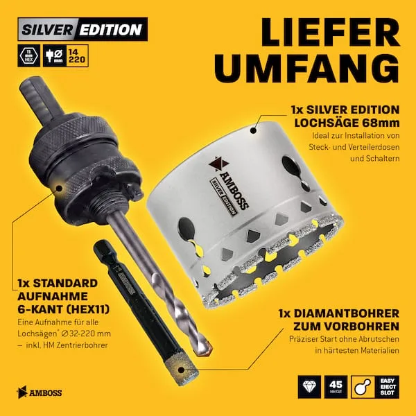 Set Silver Edition Diamant Lochsäge 68mm + Aufnahme + 7mm Diamant Bohrer by Gemax – product image 3 of 5