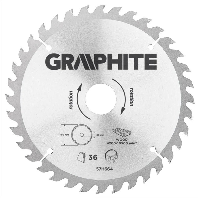 Graphite 57H664 Cirkelzaagblad voor Hout 185mm, Asgat 30mm, Tanden 36, Dikte 3,2, Vulringen 16/20/25, TCT von Graphite – Produktbild