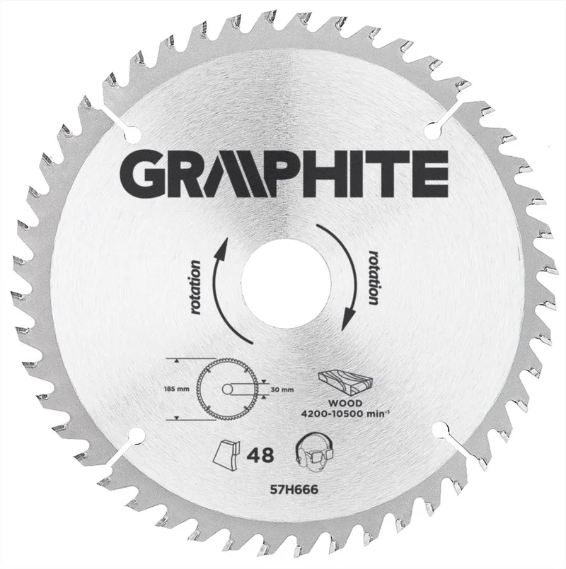 Graphite 57H666 Cirkelzaagblad 185mm, Asgat 30mm, Tanden 48, Dikte 3,2, Vulringen 16/20/25, TCT de Graphite – image du produit