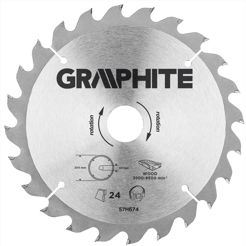 Graphite 57H674 Cirkelzaagblad voor Hout 200mm, Asgat 30mm, Tanden 24, Dikte 3,2, Vulringen 16/20/25, TCT de Graphite – image du produit