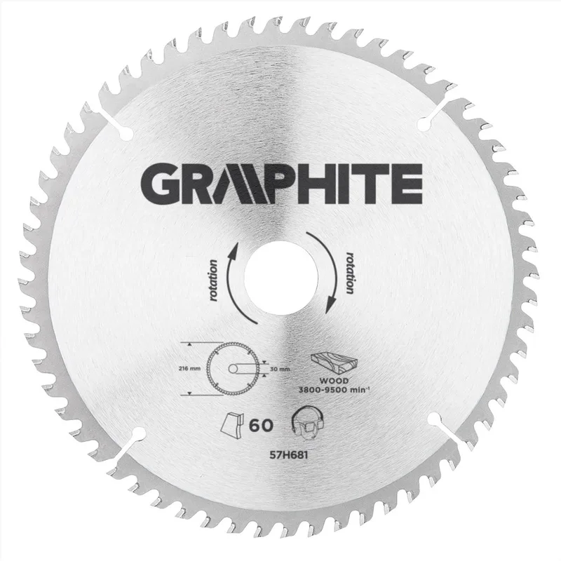 Graphite 57H681 Cirkelzaagblad voor Hout 216mm, Asgat 30mm, Tanden 60, Dikte 3,2, Vulringen 16/20/25, TCT de Graphite – image du produit