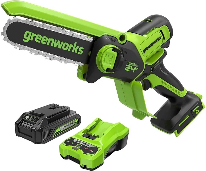 24 Volt Mini Accu Kettingzaag Met Accu En Lader G24MCS10K2 von Greenworks – Produktbild