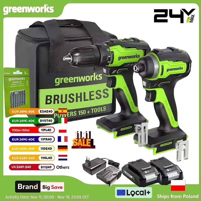 Accu Schroefboormachine 24V - 220 Nm Max - Accuboormachines - incl.1/2-inch accuboormachine en 1/4-inch zeshoekige slagschroevendraaier - Incl. 2 Accu's by Greenworks – product image