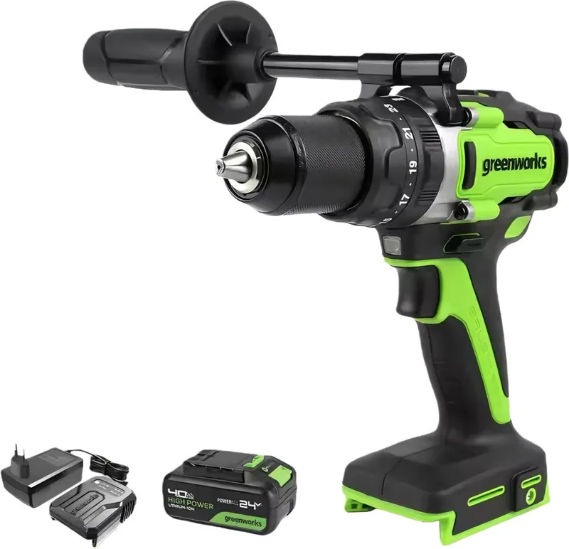 Accuboormachine 24V - 140 Nm Max - Boormachine - 1/2-inch Broek - toerental 0-2100 tpm - 2 snelheden - Incl. 1 Accu's en 1 Snellader von Greenworks – Produktbild