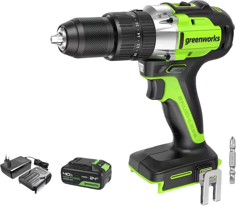 Accuboormachine 24V - 60 Nm Max - Boormachine - 1/2-inch Broek - toerental 0-1750 tpm - 2 snelheden - Incl. 1 Accu's en 1 Snellader van Greenworks – productafbeelding