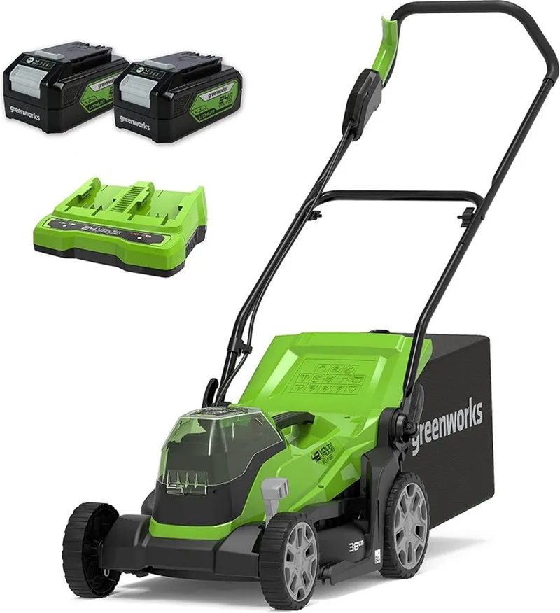 grasmaaier 2 x 24 volt met 2x 4ah batterij en dual lader G24X2LM36K4X von Greenworks – Produktbild