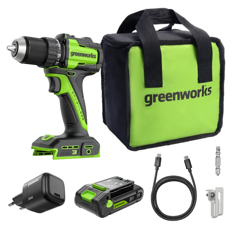 Greenworks 24 V accuschroefboormachine borstelloos 45 Nm, lichtgewicht, ledverlichting, 18+1 koppelstanden, incl. 2,0 Ah USB-C accu (12.000 mAh powerbank) & 30 W USB-C oplader DD345 von Greenworks – Produktbild