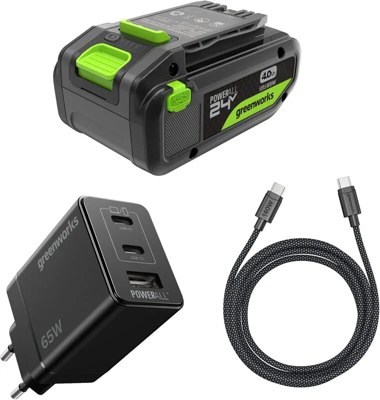 greenworks 24 V Starter-Kit 1 x 4 Ah HP USB-Akku + 65 W Ladegerät + 100 W 1 m Kabel de Greenworks – image du produit