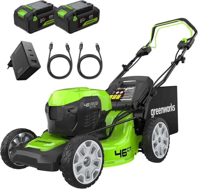 greenworks 48 V (2 × 24 V) Selbstfahrender kabelloser Rasenmäher für große Rasenflächen bis zu 480 m², 46 cm Schnittbreite, 55 L Beutel PLUS zwei 4 Ah Akkus und Doppelladegerät, 3 Jahre Garantie GD24 × 2 LM46SPK4X de Greenworks – image du produit
