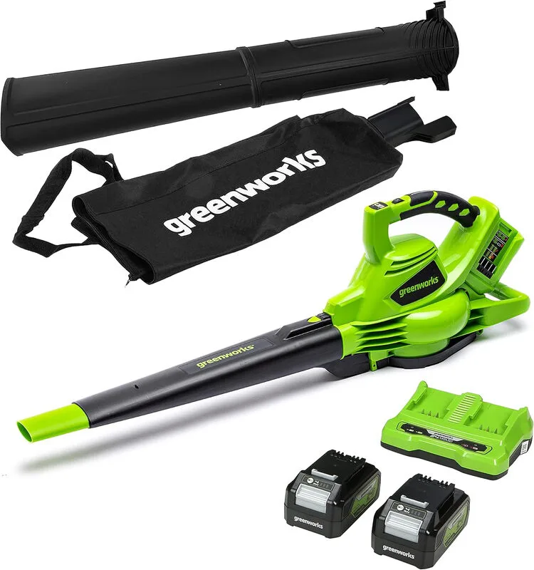 greenworks 48 V (24 V x 2) accu-bladblazer en bladzuiger met 45 l hakselopvangzak en schouderriem, 322 km/h, 9 m³/min, twee 24 V 4 Ah accu's en dubbele oplader, 3 jaar garantie GD24 x 2BVK4X von Greenworks – Produktbild