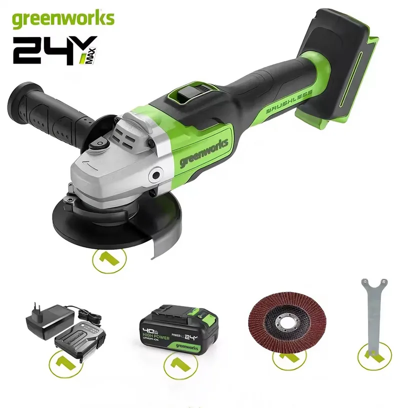 Haakse Slijper 24V - Draadloze Slijptol - Elektrische Slijpmachine - 4"Slijpschijf - 10500 tr/min - Ø100MM - Incl. 1x 4Ah Accu en 1x Lader de Greenworks – image du produit