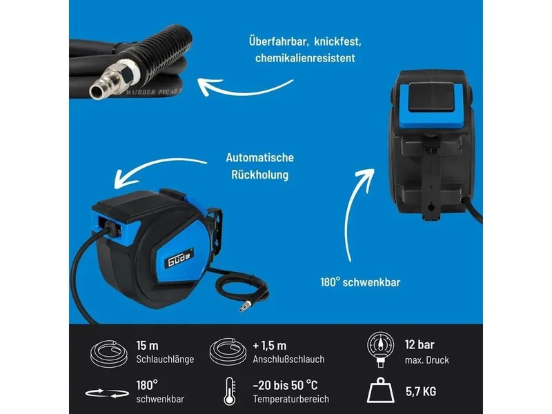 Automatische slanghaspel 15 m van Güde, Blauw – productafbeelding 3 van 5