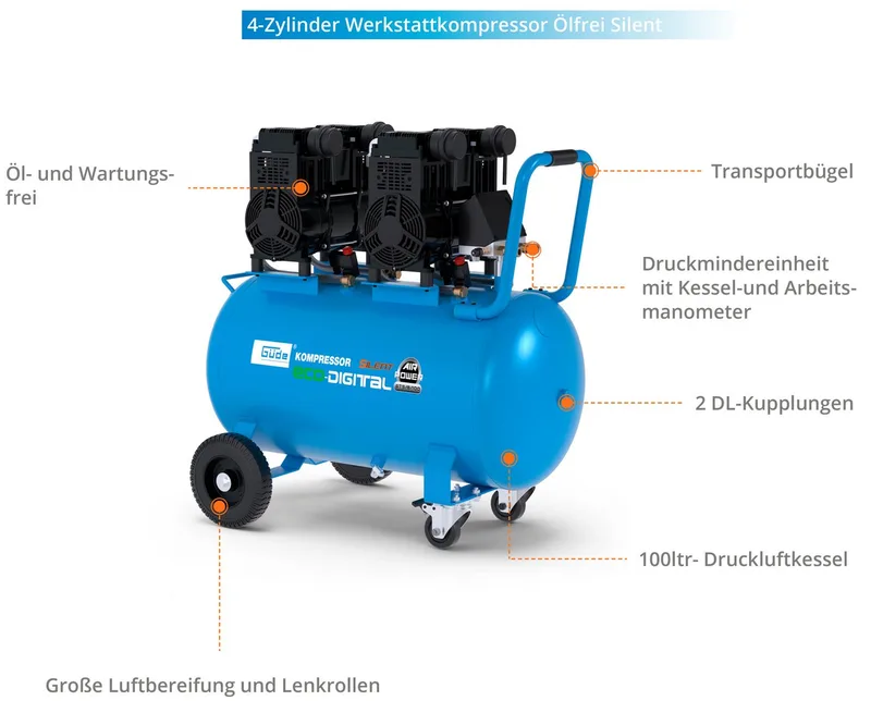 Kompressor Airpower 675/8/100 ED-SILENT, 4400 W, max. 8 bar, 100 l by Güde – product image 2 of 5