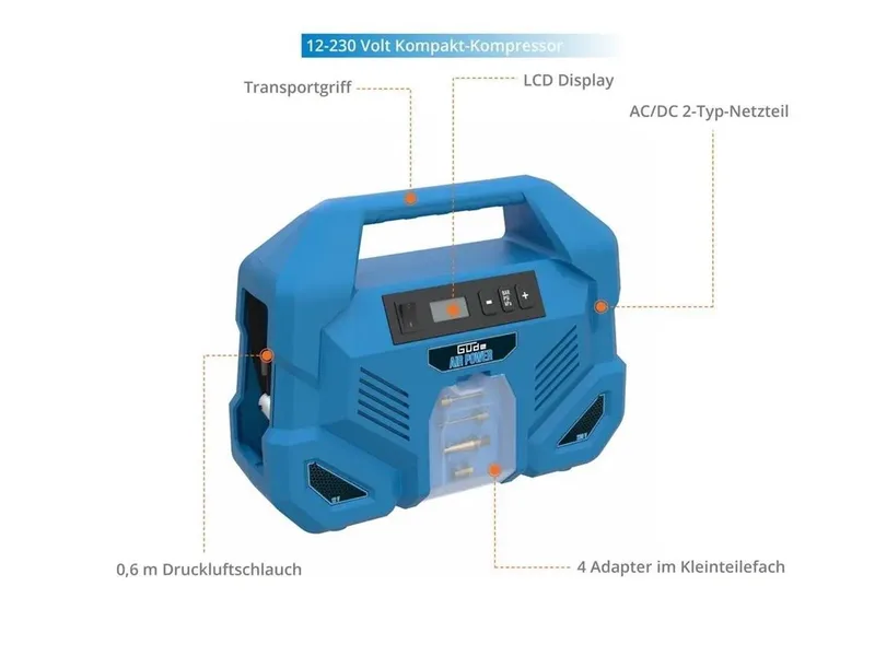 Kompressor Dual Drive 12/230V/5-tlg., max. 8 bar, Set, 8 bar max. Betriebsdruck, 110 W Motorleistung de Güde – image du produit 5 sur 5