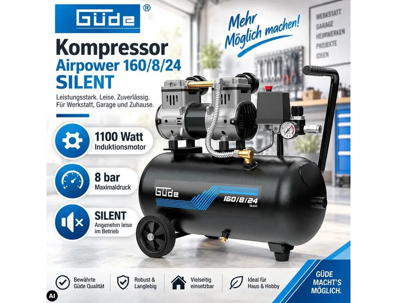 Kompressor Flüster Kompressor Airpower 160/8/24 SILENT Leise + 3er Druckluft Set de Güde – image du produit 2 sur 2