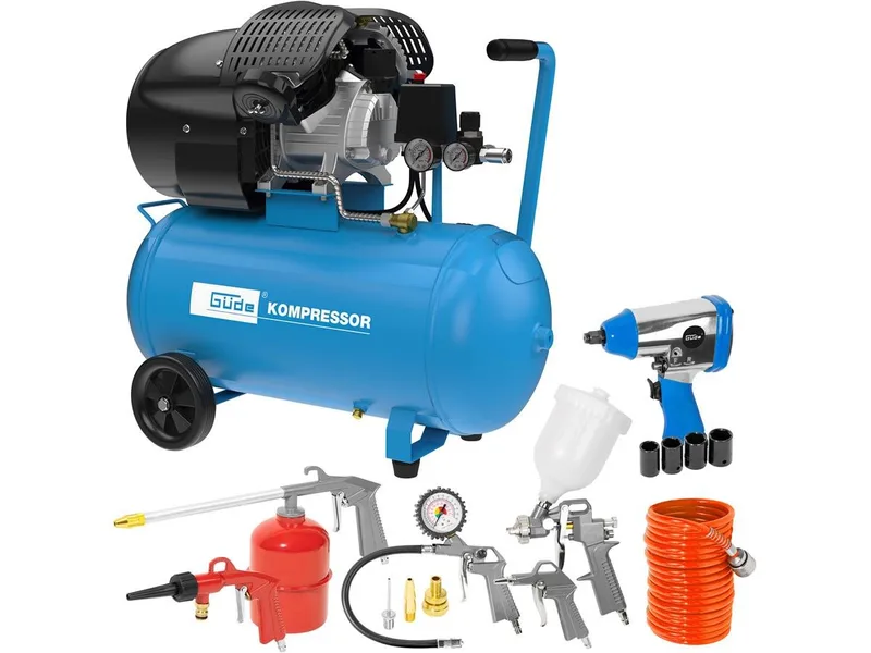 Kompressor Set 405/10/50 15 TLG, 2200 W, max. 10 bar, 50 l, Set, 2,2 kW, 10 bar max. Betriebsdruck, 50 l Kesselinhalt, Druckminderer de Güde – image du produit 1 sur 5