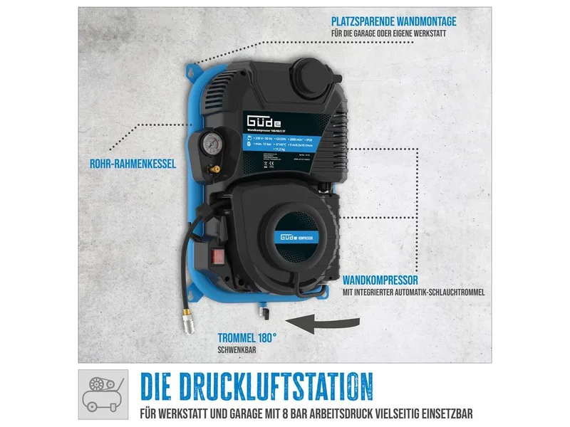 Kompressor Wandkompressor 160/08/2 ST, 1100 W, max. 8 bar, 2 l, 1,1 kW, 8 bar Betriebsdruck, 230 V, 2 l Kesselinhalt de Güde – image du produit 5 sur 5