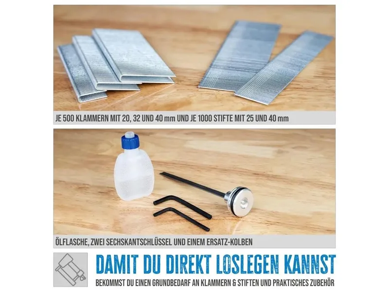 Nagler Druckluft-Klammergerät, Set, 6 bar, Stiftstärke 1,05 mm, Klammerstärke 1 mm, inkl. Koffer von Güde, Blau, Schwarz – Produktbild 3 von 5