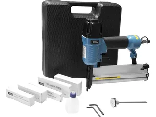 Nagler Druckluft-Klammergerät, Set, 6 bar, Stiftstärke 1,05 mm, Klammerstärke 1 mm, inkl. Koffer von Güde, Blau, Schwarz – Produktbild 1 von 5
