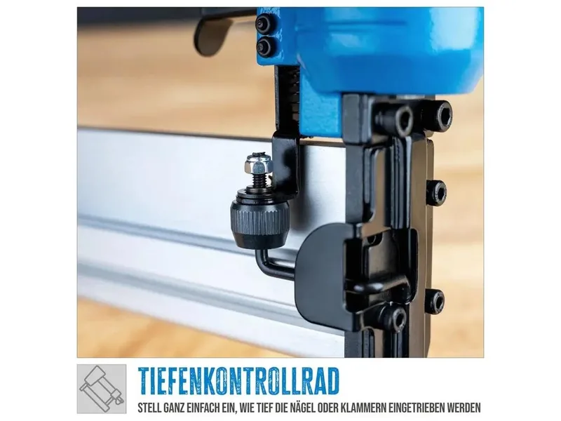 Nagler Druckluft-Klammergerät, Set, 6 bar, Stiftstärke 1,05 mm, Klammerstärke 1 mm, inkl. Koffer von Güde, Blau, Schwarz – Produktbild 5 von 5