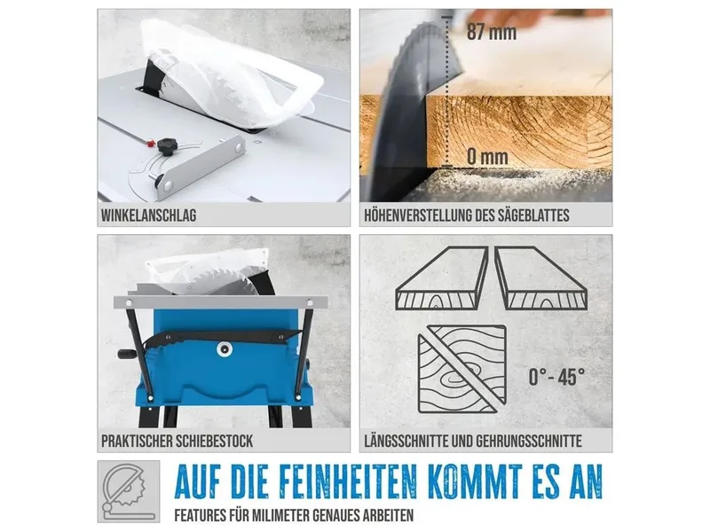 Tischkreissäge 55262-01, Set, GTK 2000.1, mit Anschlag, 2000 W, 254 mm, 2. Sägeblatt de Güde, Bleu, Noir, Argent – image du produit 3 sur 5