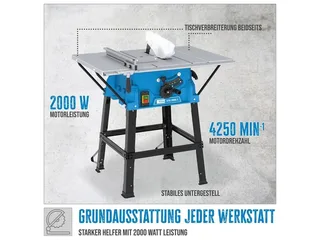 Tischkreissäge 55262-01, Set, GTK 2000.1, mit Anschlag, 2000 W, 254 mm, 2. Sägeblatt de Güde, Bleu, Noir, Argent – image du produit 2 sur 5