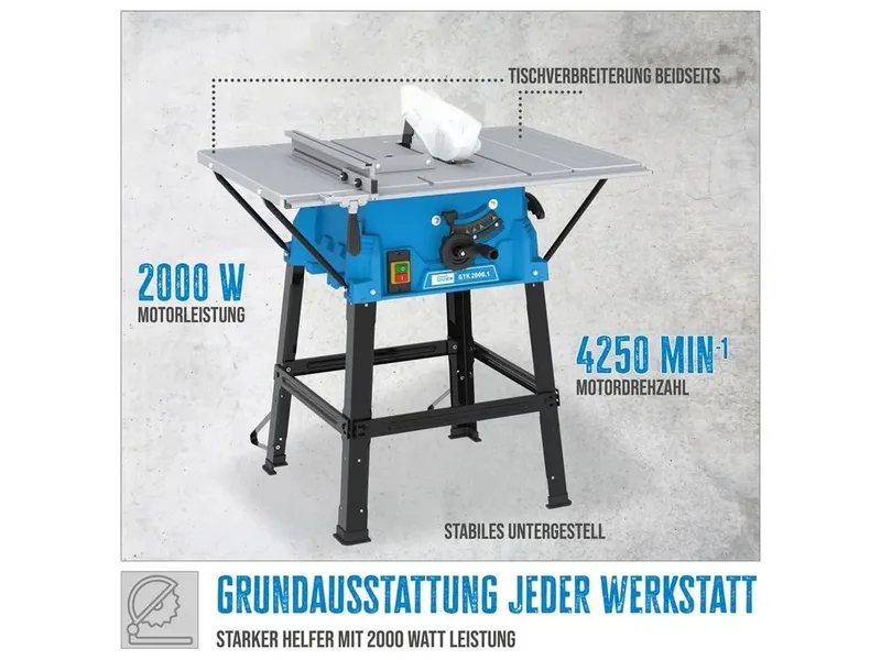 Tischkreissäge 55262-01, Set, GTK 2000.1, mit Anschlag, 2000 W, 254 mm, 2. Sägeblatt de Güde, Bleu, Noir, Argent – image du produit 2 sur 5