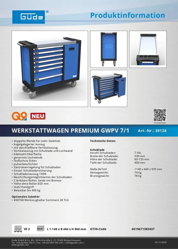 Werkzeugwagen Werkstattwagen Premium GWPV 7/1, leer, unbestückt de Güde, Bleu – image du produit 5 sur 5