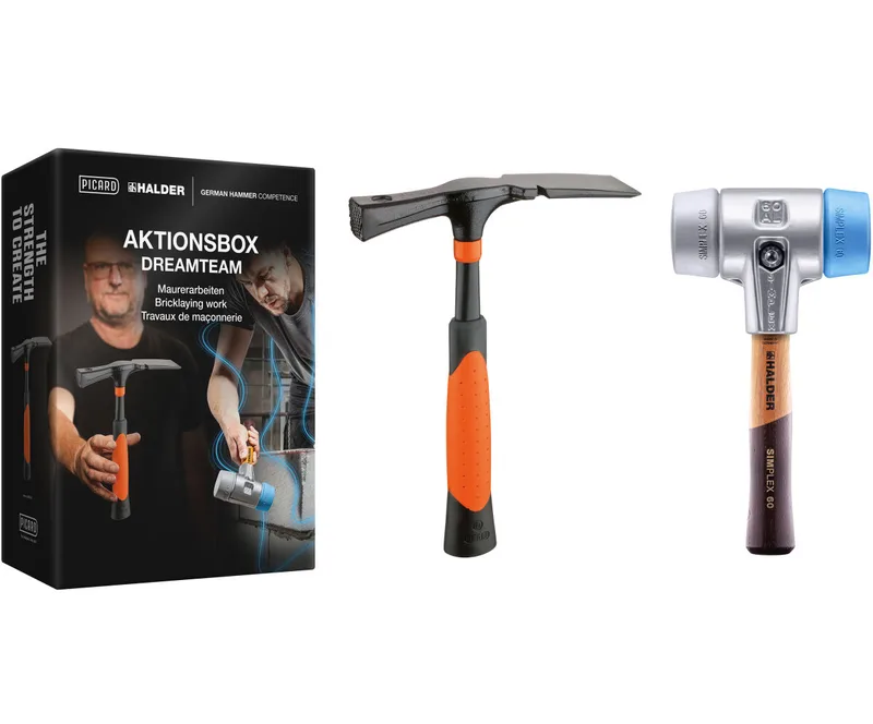 Aktionsbox Dreamteam Maurerarbeiten SIMPLEX Ø 60 mm TPE-soft / TPE-mid + PICARD Maurerhammer | Gravur möglich von Halder – Produktbild