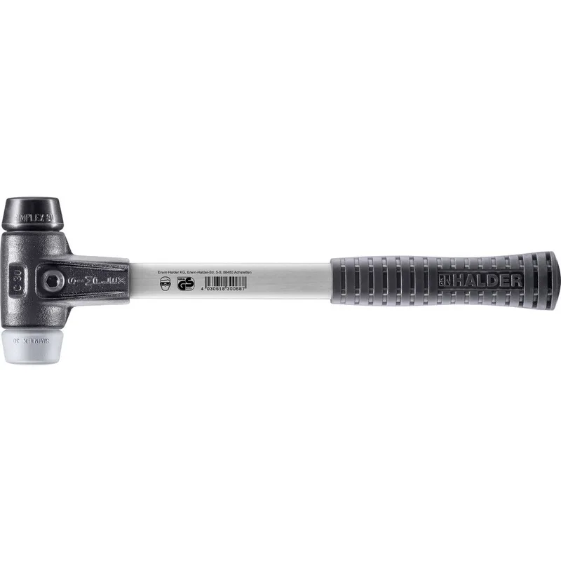 SIMPLEX Schonhammer Ø 30 mm Gummi schwarz / TPE-mid grau mit verstärktem Tempergussgehäuse und Fiberglasstiel von Halder – Produktbild