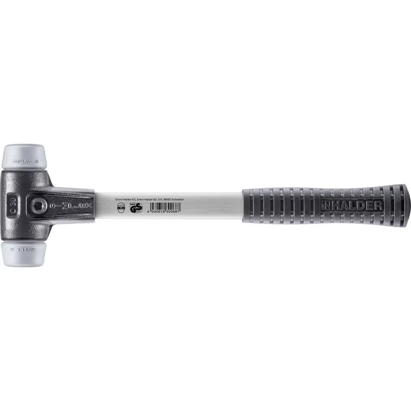 SIMPLEX Schonhammer Ø 30 mm TPE-mid grau mit verstärkem Tempergussgehäuse und Fiberglasstiel von Halder – Produktbild