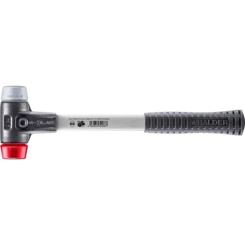 SIMPLEX Schonhammer Ø 30 mm TPE-mid grau / Plastik rot mit verstärktem Tempergussgehäuse und Fiberglasstiel von Halder – Produktbild