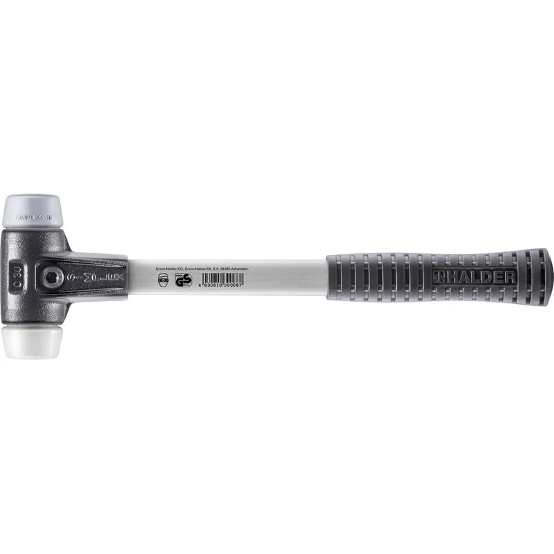 SIMPLEX Schonhammer Ø 30 mm TPE-mid grau / Superplastik mit verstärktem Tempergussgehäuse und Fiberglasstiel von Halder – Produktbild
