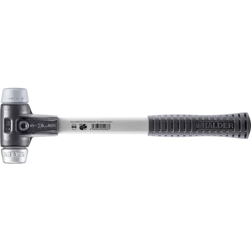 SIMPLEX Schonhammer Ø 30 mm TPE-mid grau / Weichmetall mit verstärktem Tempergussgehäuse und Fiberglasstiel von Halder – Produktbild