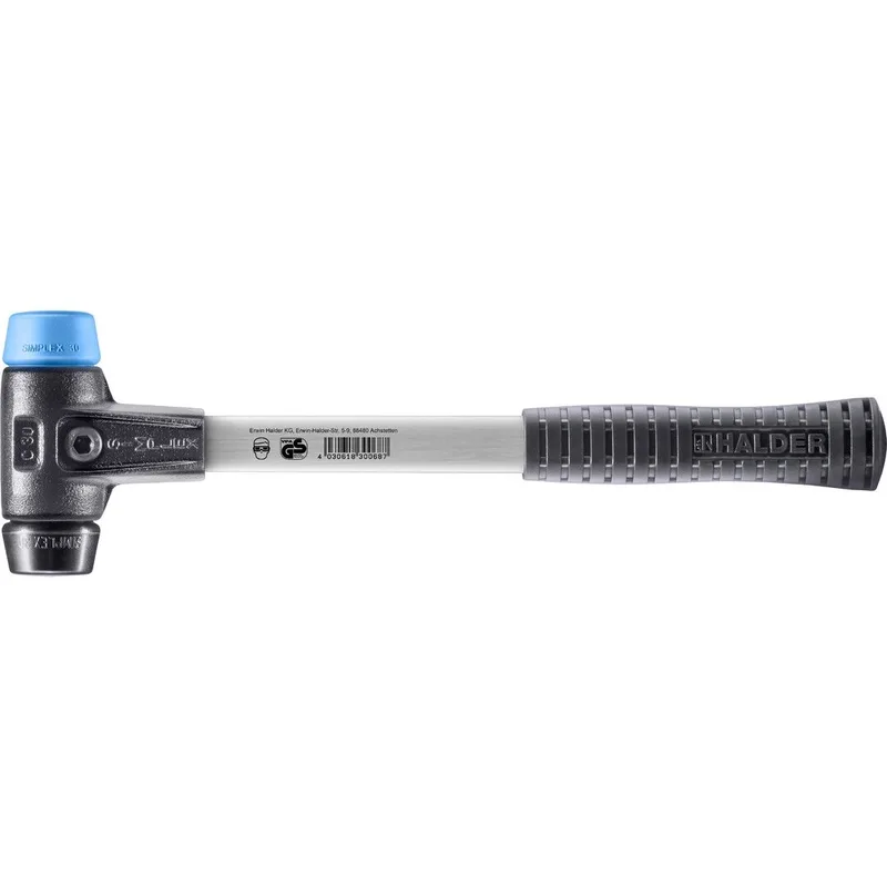 SIMPLEX Schonhammer Ø 30 mm TPE-soft blau / Gummi schwarz mit verstärktem Tempergussgehäuse und Fiberglasstiel by Halder – product image
