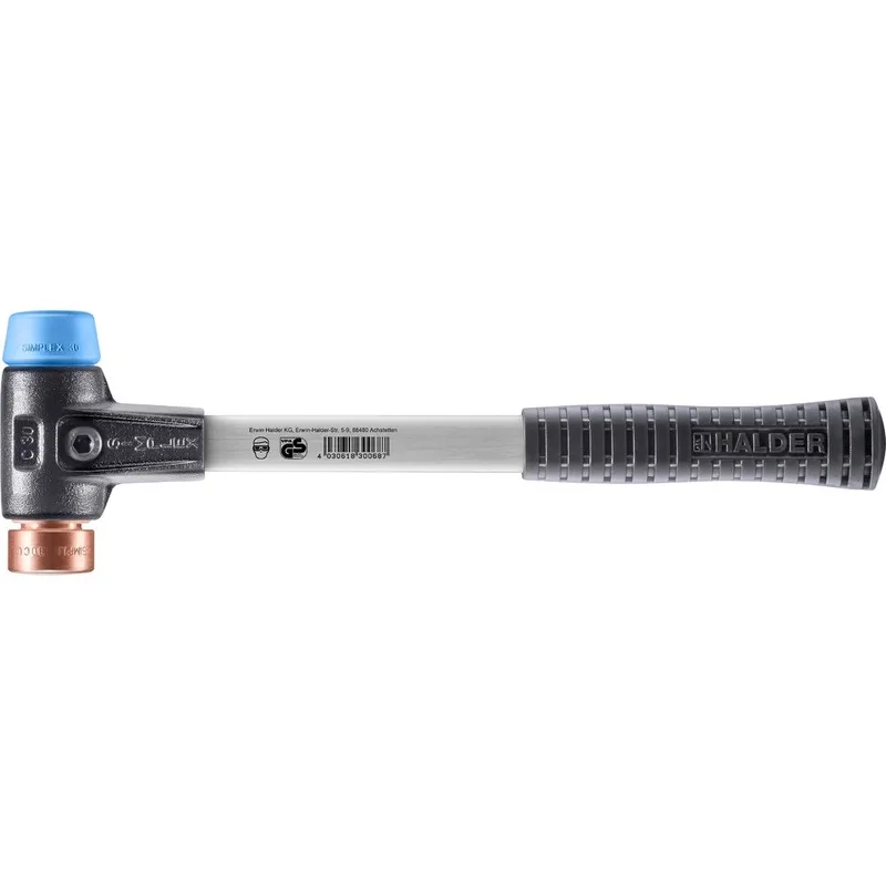 SIMPLEX Schonhammer Ø 30 mm TPE-soft blau / Kupfer mit verstärktem Tempergussgehäuse und Fiberglasstiel von Halder – Produktbild