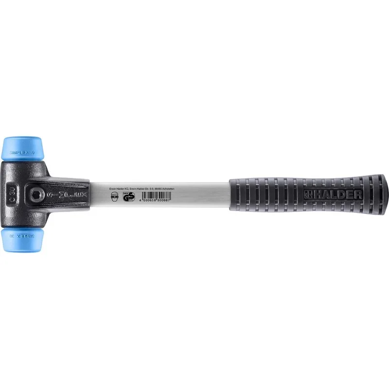 SIMPLEX Schonhammer Ø 30 mm TPE-soft blau mit verstärkem Tempergussgehäuse und Fiberglasstiel von Halder – Produktbild