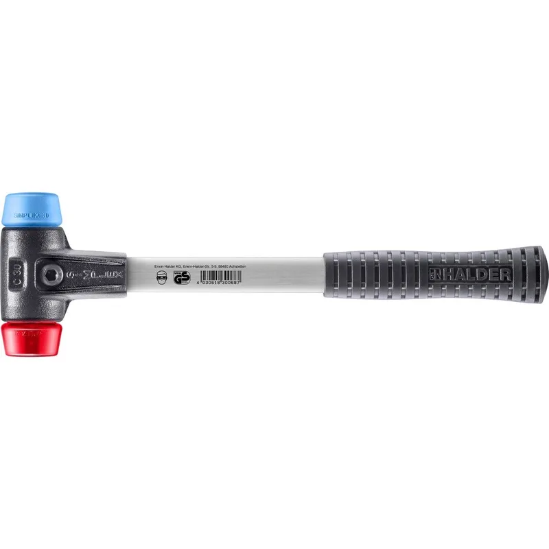 SIMPLEX Schonhammer Ø 30 mm TPE-soft blau / Plastik rot mit verstärktem Tempergussgehäuse und Fiberglasstiel by Halder – product image