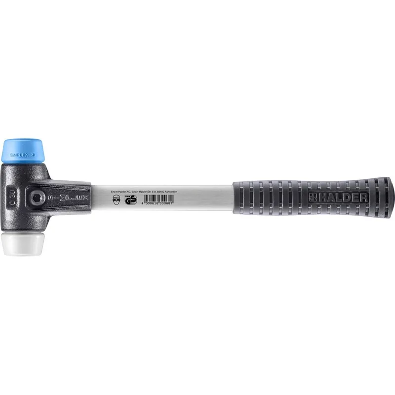 SIMPLEX Schonhammer Ø 30 mm TPE-soft blau / Superplastik mit verstärktem Tempergussgehäuse und Fiberglasstiel von Halder – Produktbild