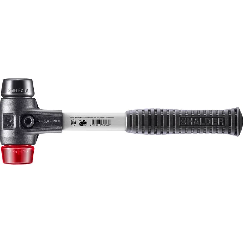 SIMPLEX Schonhammer Ø 40 mm Gummi schwarz / Plastik rot mit verstärktem Tempergussgehäuse und Fiberglasstiel by Halder – product image