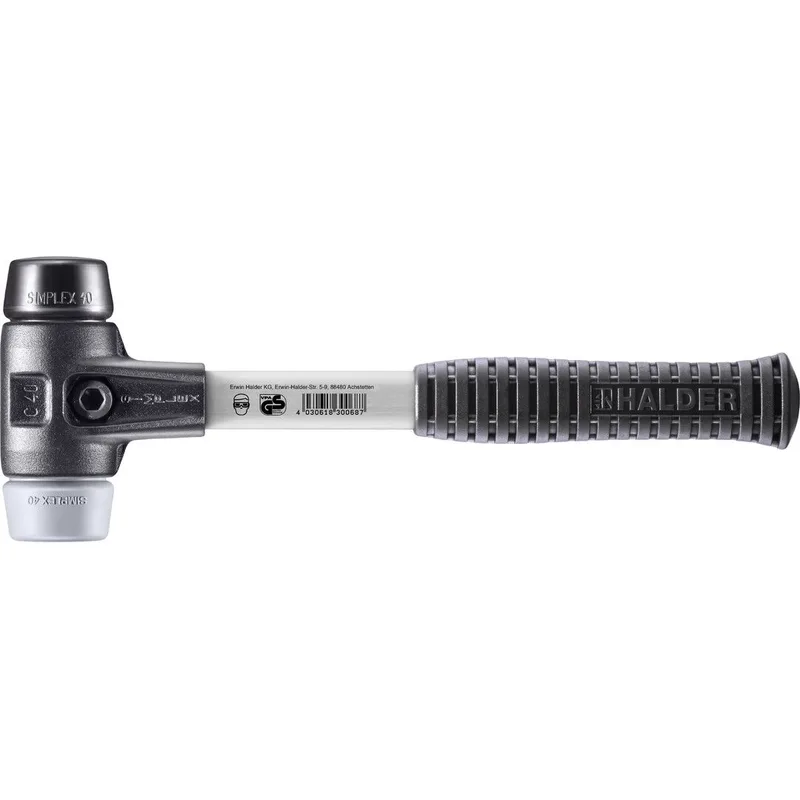 SIMPLEX Schonhammer Ø 40 mm Gummi schwarz / TPE-mid grau mit verstärktem Tempergussgehäuse und Fiberglasstiel von Halder – Produktbild