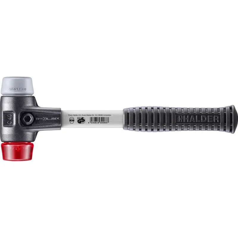 SIMPLEX Schonhammer Ø 40 mm TPE-mid grau / Plastik rot mit verstärktem Tempergussgehäuse und Fiberglasstiel von Halder – Produktbild