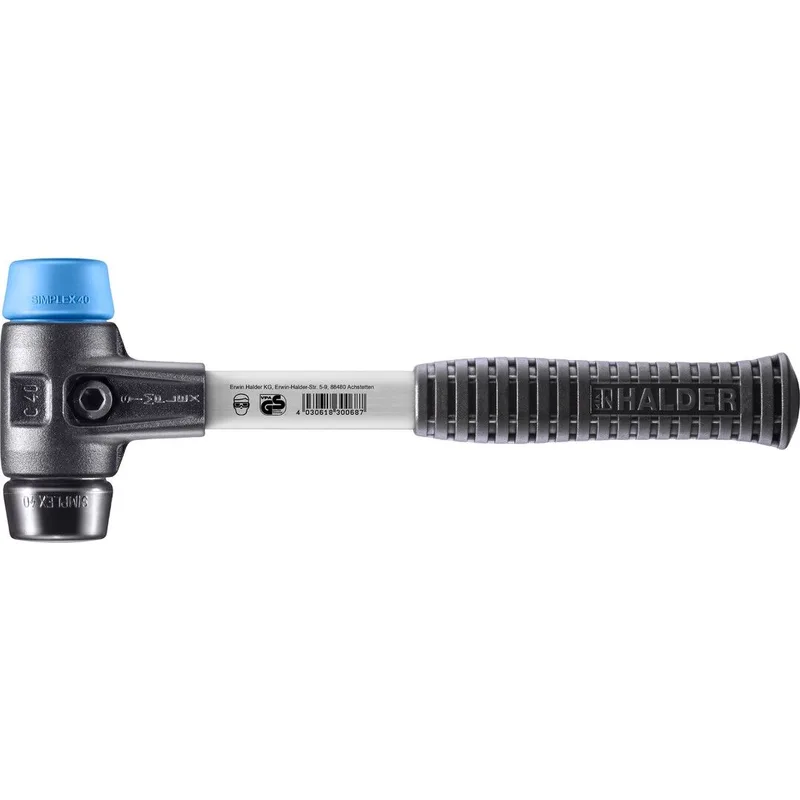 SIMPLEX Schonhammer Ø 40 mm TPE-soft blau / Gummi schwarz mit verstärktem Tempergussgehäuse und Fiberglasstiel by Halder – product image