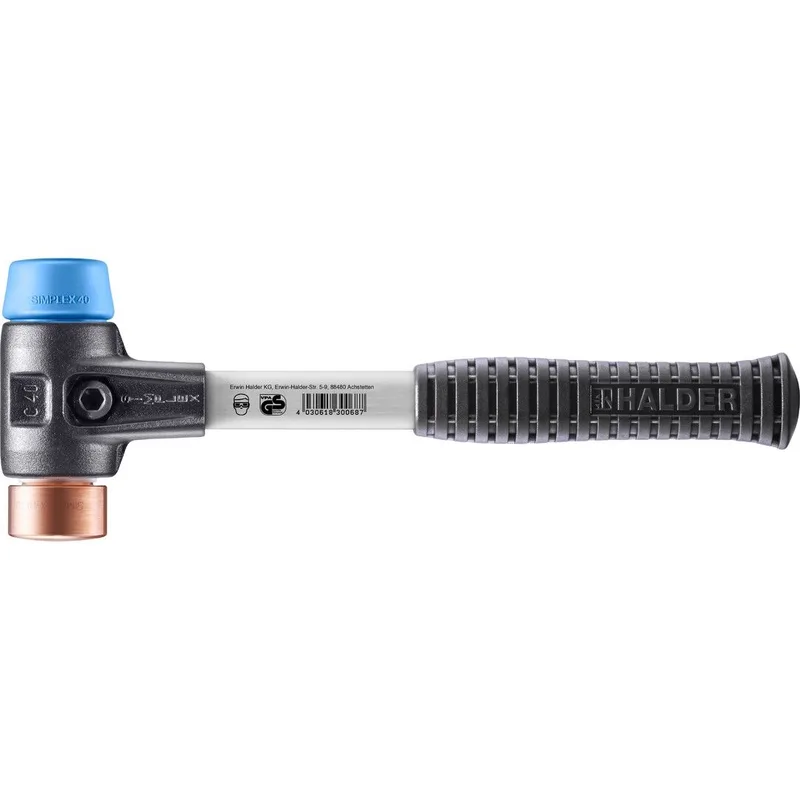 SIMPLEX Schonhammer Ø 40 mm TPE-soft blau / Kupfer mit verstärktem Tempergussgehäuse und Fiberglasstiel by Halder – product image