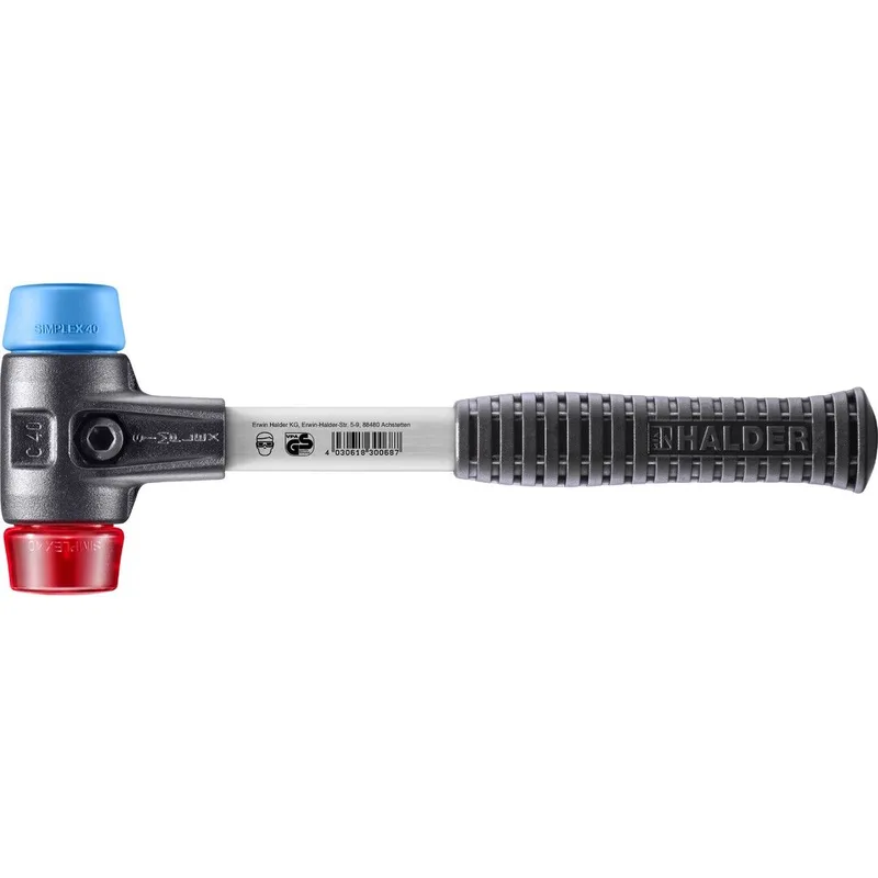 SIMPLEX Schonhammer Ø 40 mm TPE-soft blau / Plastik rot mit verstärktem Tempergussgehäuse und Fiberglasstiel by Halder – product image