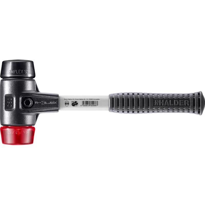 SIMPLEX Schonhammer Ø 50 mm Gummi schwarz / Plastik rot mit verstärktem Tempergussgehäuse und Fiberglasstiel by Halder – product image