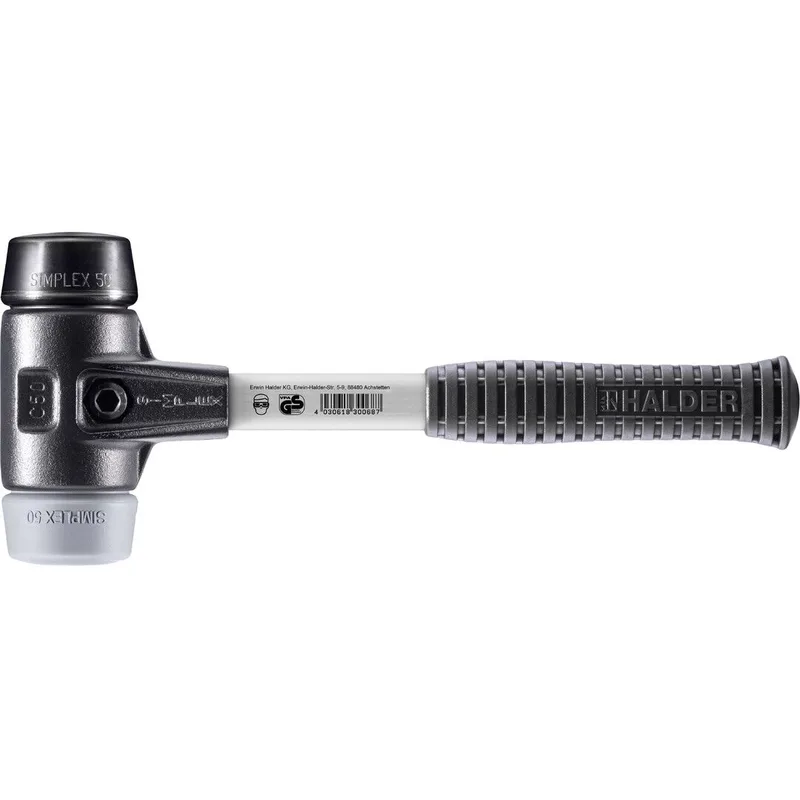 SIMPLEX Schonhammer Ø 50 mm Gummi schwarz / TPE-mid grau mit verstärktem Tempergussgehäuse und Fiberglasstiel von Halder – Produktbild
